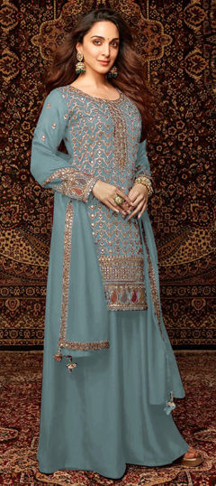 Blue color Salwar Kameez in Chinon Silk fabric with Embroidered, Sequence, Zari work