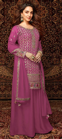 Pink and Majenta color Salwar Kameez in Chinon Silk fabric with Embroidered, Sequence, Zari work