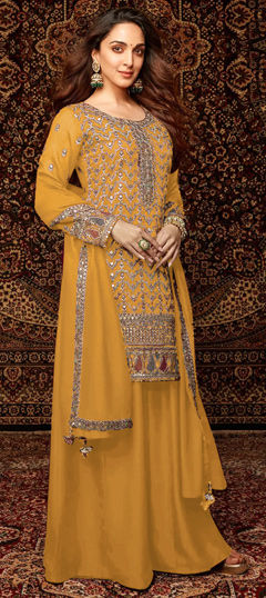 Yellow color Salwar Kameez in Chinon Silk fabric with Embroidered, Sequence, Zari work