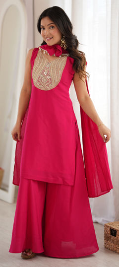 Pink and Majenta color Salwar Kameez in Roman Silk fabric with Mirror work