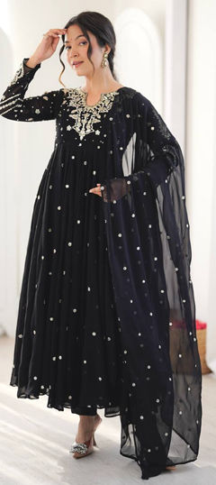Black and Grey color Salwar Kameez in Faux Georgette fabric with Embroidered work
