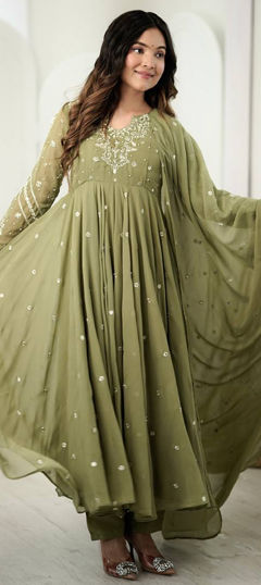 Green color Salwar Kameez in Faux Georgette fabric with Embroidered work