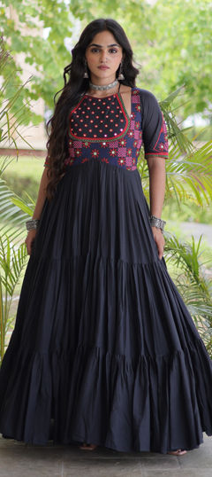 Black and Grey color Gown in Silk fabric with Embroidered, Mirror, Thread work
