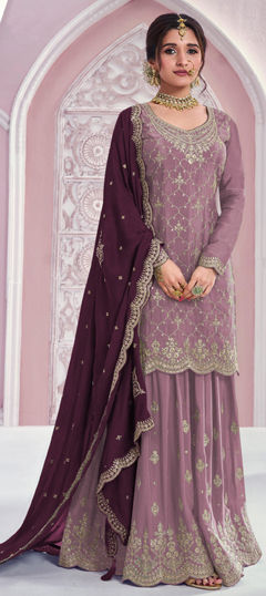 Purple and Violet color Salwar Kameez in Chinon Silk fabric with Embroidered work