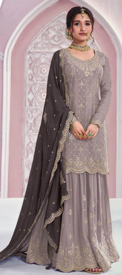 Black and Grey color Salwar Kameez in Chinon Silk fabric with Embroidered work