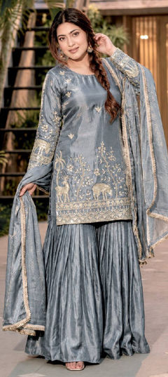 Black and Grey color Salwar Kameez in Tissue fabric with Embroidered, Sequence work