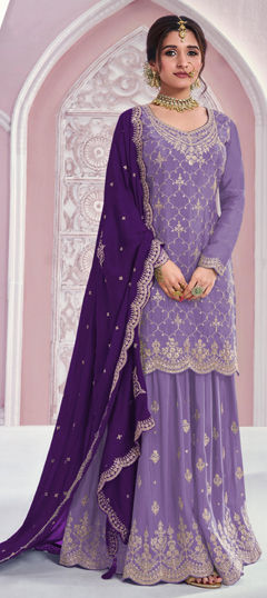 Purple and Violet color Salwar Kameez in Chinon Silk fabric with Embroidered work