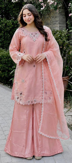 Pink and Majenta color Salwar Kameez in Silk fabric with Embroidered, Stone work