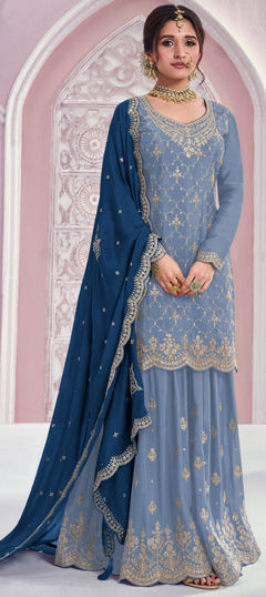 Blue color Salwar Kameez in Chinon Silk fabric with Embroidered work