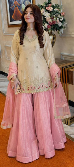 White and Off White color Salwar Kameez in Crushed Silk fabric with Embroidered, Lace, Sequence work