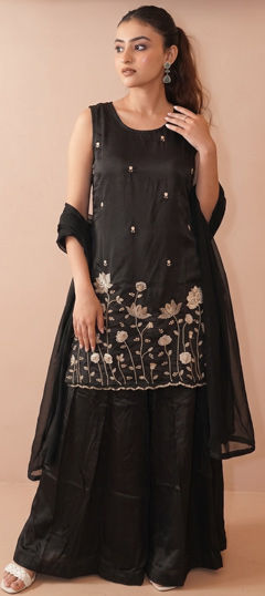 Black and Grey color Salwar Kameez in Crepe Silk fabric with Embroidered work