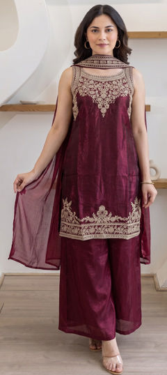 Red and Maroon color Salwar Kameez in Tissue fabric with Embroidered work