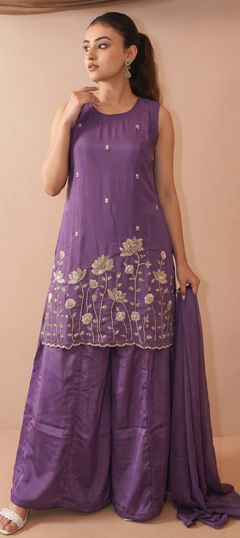 Purple and Violet color Salwar Kameez in Crepe Silk fabric with Embroidered work