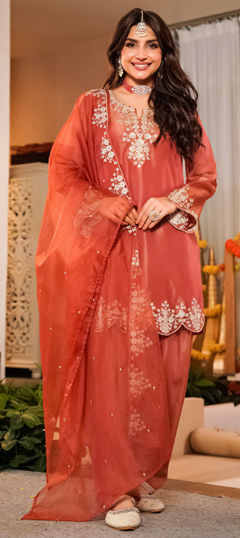 Beige and Brown color Salwar Kameez in Satin Silk fabric with Embroidered work