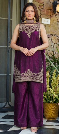 Purple and Violet color Salwar Kameez in Tissue fabric with Embroidered work