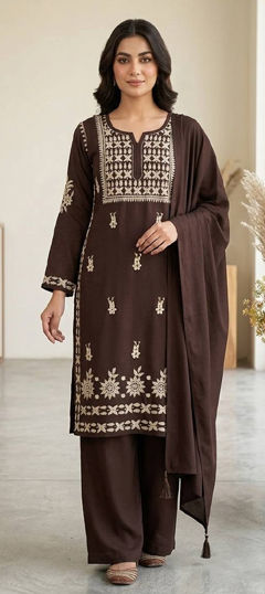 Beige and Brown color Salwar Kameez in Rayon fabric with Embroidered work