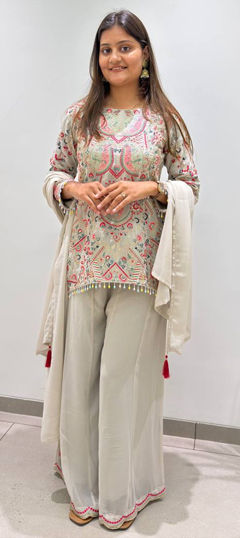 Black and Grey color Salwar Kameez in Faux Georgette fabric with Embroidered, Lace, Sequence work