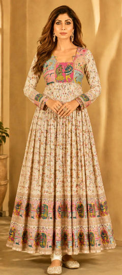 Beige and Brown color Gown in Viscose fabric with Printed work