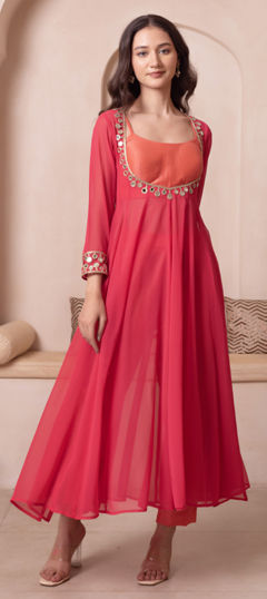 Orange color Salwar Kameez in Georgette fabric with Mirror work