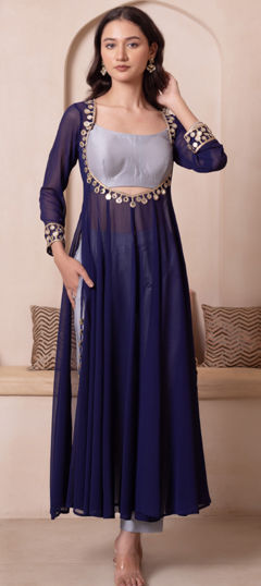 Blue color Salwar Kameez in Georgette fabric with Mirror work