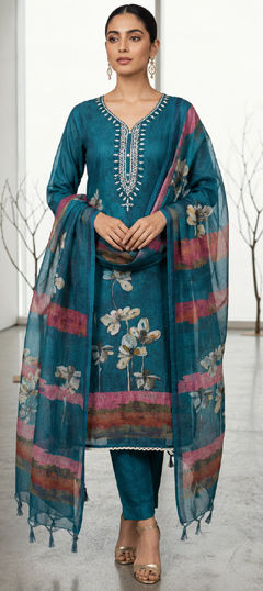 Blue color Salwar Kameez in Cotton, Linen fabric with Embroidered, Floral, Printed work