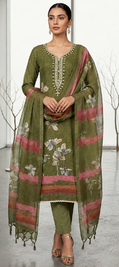Green color Salwar Kameez in Cotton, Linen fabric with Embroidered, Floral, Printed work