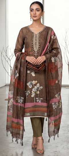 Beige and Brown color Salwar Kameez in Cotton, Linen fabric with Embroidered, Floral, Printed work