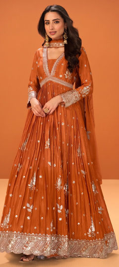 Orange color Gown in Chinon Silk fabric with Sequence work