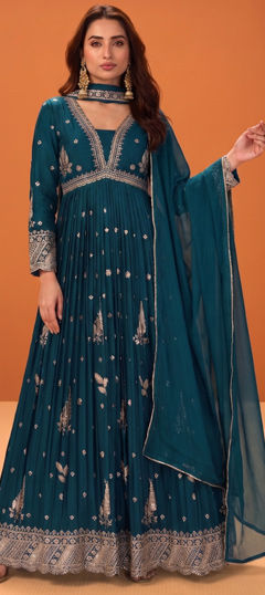 Blue color Gown in Chinon Silk fabric with Sequence work
