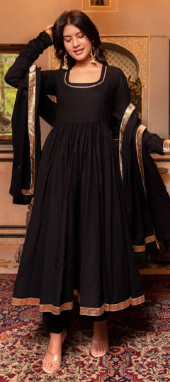 Black and Grey color Salwar Kameez in Cotton fabric with Lace work