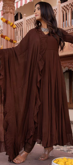 Beige and Brown color Salwar Kameez in Georgette fabric with Thread work
