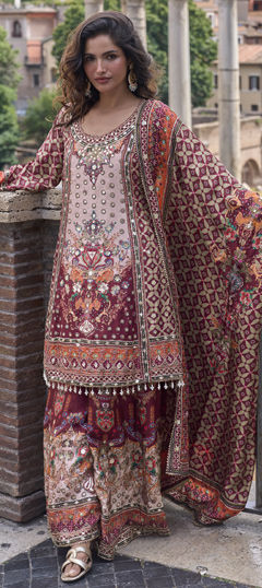 Multicolor color Salwar Kameez in Crepe Silk fabric with Bugle Beads, Printed, Sequence work