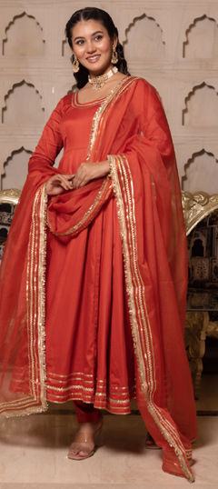 Orange color Salwar Kameez in Rayon fabric with Lace work
