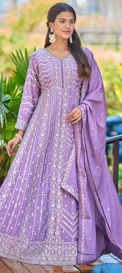 Purple and Violet color Gown in Chinon Silk fabric with Embroidered, Sequence work