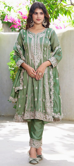 Green color Salwar Kameez in Silk fabric with Embroidered, Sequence work