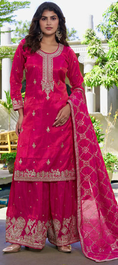 Pink and Majenta color Salwar Kameez in Organza Silk fabric with Embroidered, Sequence work