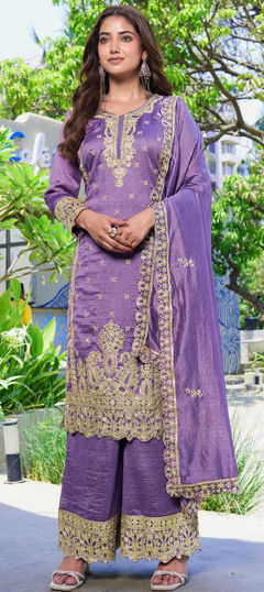 Purple and Violet color Salwar Kameez in Silk fabric with Embroidered, Sequence work