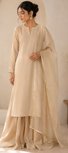 Beige and Brown color Salwar Kameez in Cotton fabric with Gota Patti work