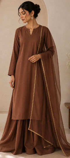 Beige and Brown color Salwar Kameez in Cotton fabric with Gota Patti work