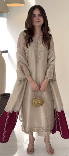 Beige and Brown color Salwar Kameez in Chinon Silk fabric with Embroidered, Sequence work