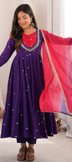 Purple and Violet color Salwar Kameez in Roman Silk fabric with Embroidered, Mirror, Sequence work
