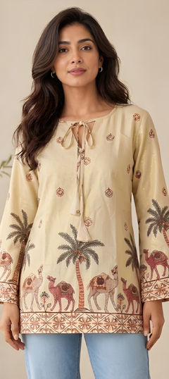 Beige and Brown color Tops and Shirts in Cotton fabric with Printed work