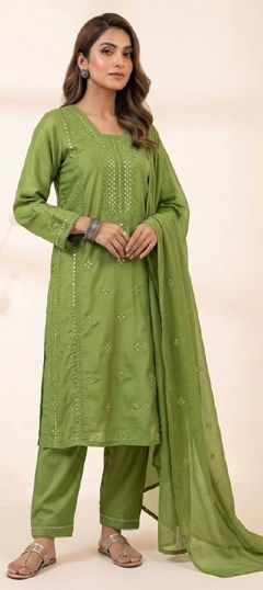Green color Salwar Kameez in Roman Silk fabric with Embroidered, Sequence work