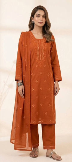 Beige and Brown color Salwar Kameez in Roman Silk fabric with Embroidered, Sequence work