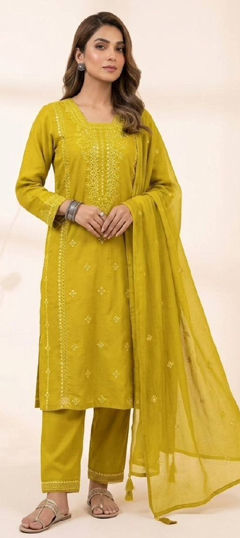 Yellow color Salwar Kameez in Roman Silk fabric with Embroidered, Sequence work