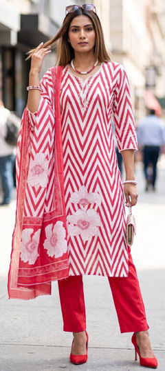 Red and Maroon color Salwar Kameez in Linen fabric with Floral, Lehariya, Printed work