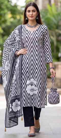 Black and Grey color Salwar Kameez in Linen fabric with Floral, Lehariya, Printed work