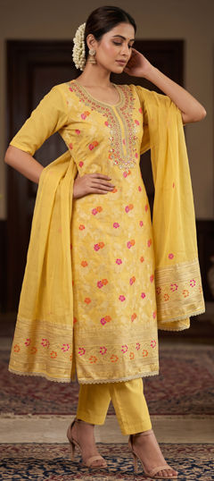 Yellow color Salwar Kameez in Banarasi Silk, Cotton fabric with Bugle Beads, Embroidered work