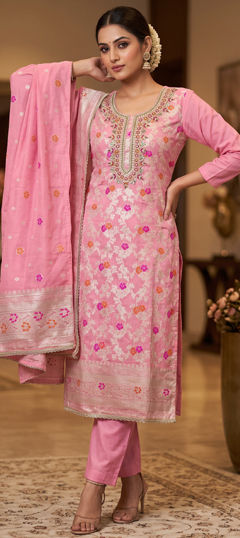 Pink and Majenta color Salwar Kameez in Banarasi Silk, Cotton fabric with Bugle Beads, Embroidered work