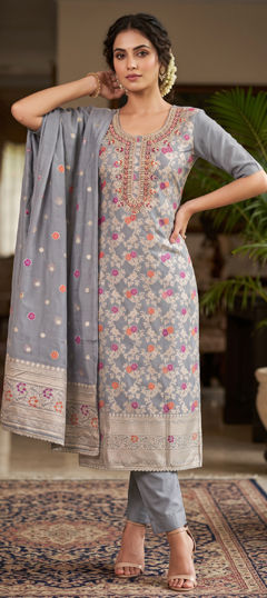 Black and Grey color Salwar Kameez in Banarasi Silk, Cotton fabric with Bugle Beads, Embroidered work